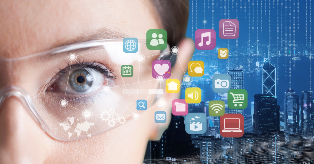 Close-up of a person wearing high-tech smart glasses, with floating app icons representing smart gadgets, fitness trackers, and digital tools for counting steps, highlighting the future of wearables against a futuristic cityscape.