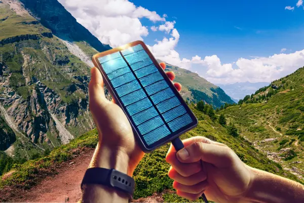 Solar-powered smartphone charging in sunlight against a scenic mountain backdrop. An innovative eco-friendly tech gadget promoting sustainable and green energy solutions