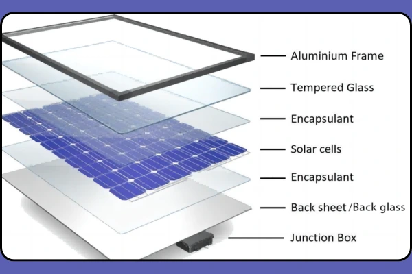 Exploded view of a solar panel showing its layers, including the aluminum frame, tempered glass, encapsulant, solar cells, back sheet, and junction box.