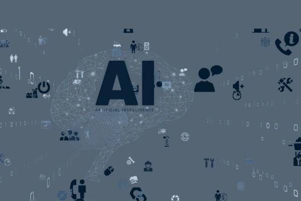 AI technology concept with a digital brain and interconnected icons representing artificial intelligence and machine learning applications.