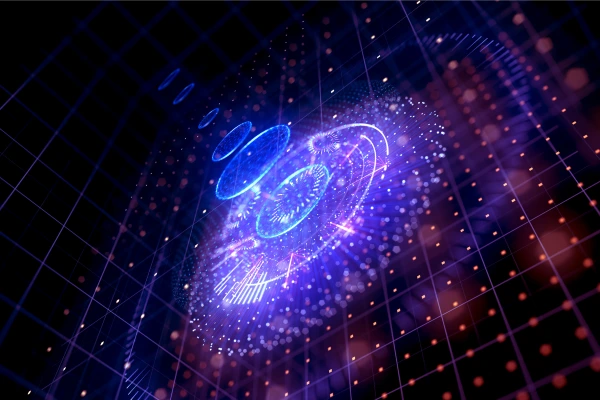 A futuristic representation of 6G technology featuring a glowing holographic interface, digital connectivity, and AI-driven smart networks.
