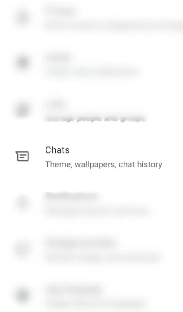 WhatsApp settings screen with the 'Chats' option highlighted.