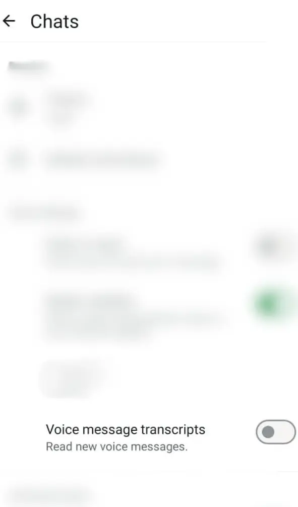 WhatsApp settings screen displaying the 'Voice message transcripts' option with a toggle switch.