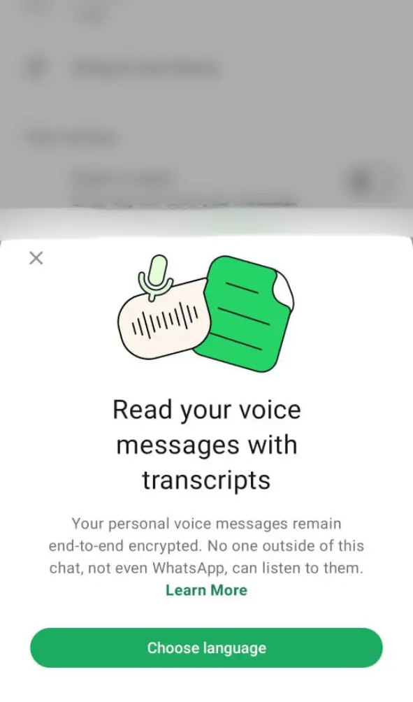 WhatsApp screen displaying a message about voice message transcripts, encryption, and privacy protection.