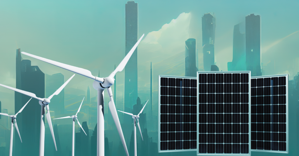 Futuristic city with wind turbines and solar panels, symbolizing renewable energy.