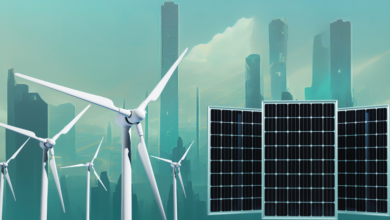 Futuristic city with wind turbines and solar panels, symbolizing renewable energy.