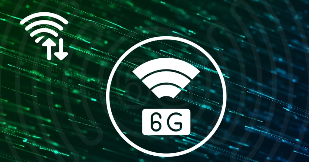 A futuristic digital concept of 6G, Holo-Tech & AI Cities technology with a glowing wireless signal icon on a green high-speed data and 1 Tbps & Ultra-Low Latency background.