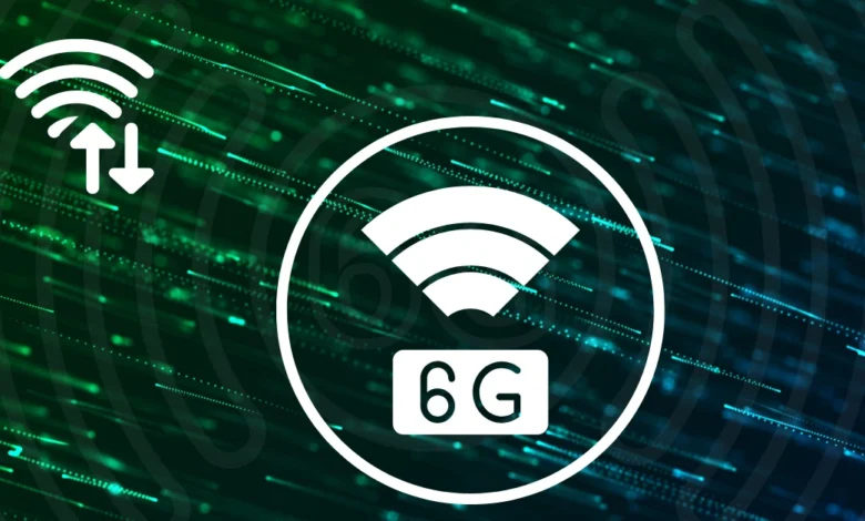 A futuristic digital concept of 6G technology with a glowing wireless signal icon on a green high-speed data background.