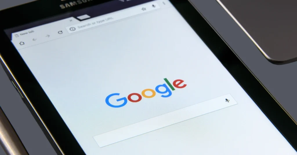 Naheed google Wallet; A Samsung tablet displaying the Google homepage with the search bar open. this is the better way to pay, digital payments, Google Wallet for shopping