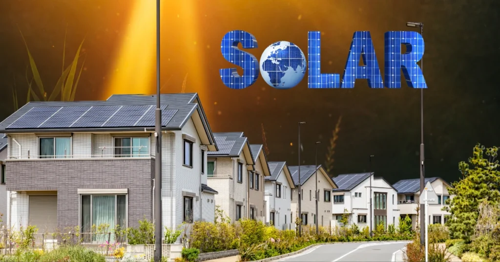 Best Solar Gadgets for Everyday Use, modern houses with solar panels, Must-Have Solar-Powered Devices, sunlight in the background, and "SOLAR" text with a globe symbol.