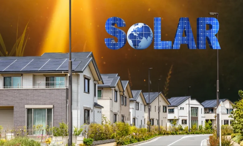 Modern houses with solar panels, sunlight in the background, and "SOLAR" text with a globe symbol.