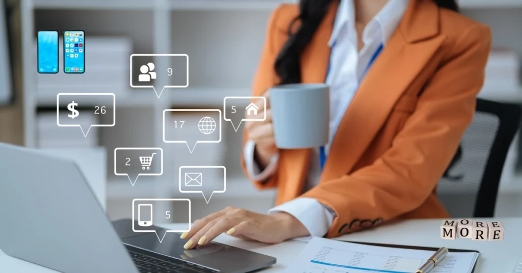 A businesswoman using a laptop with floating digital icons, showcasing Google Gemini 2.0 Flash in AI-powered interactions.