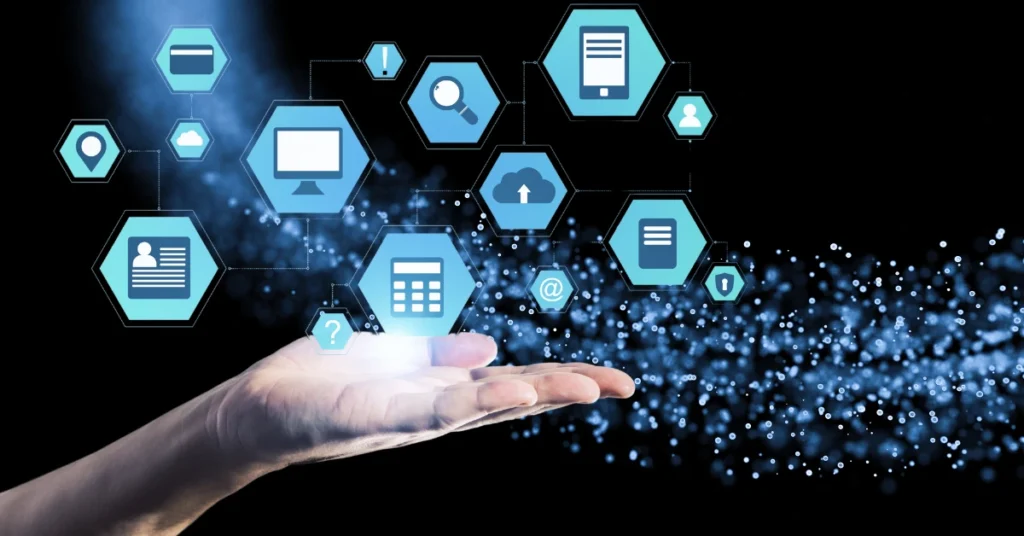 A futuristic digital interface with hexagonal icons floating above an open hand, representing artificial intelligence and cloud technology.