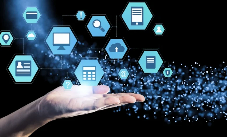 A futuristic digital interface with hexagonal icons floating above an open hand, representing artificial intelligence and cloud technology.