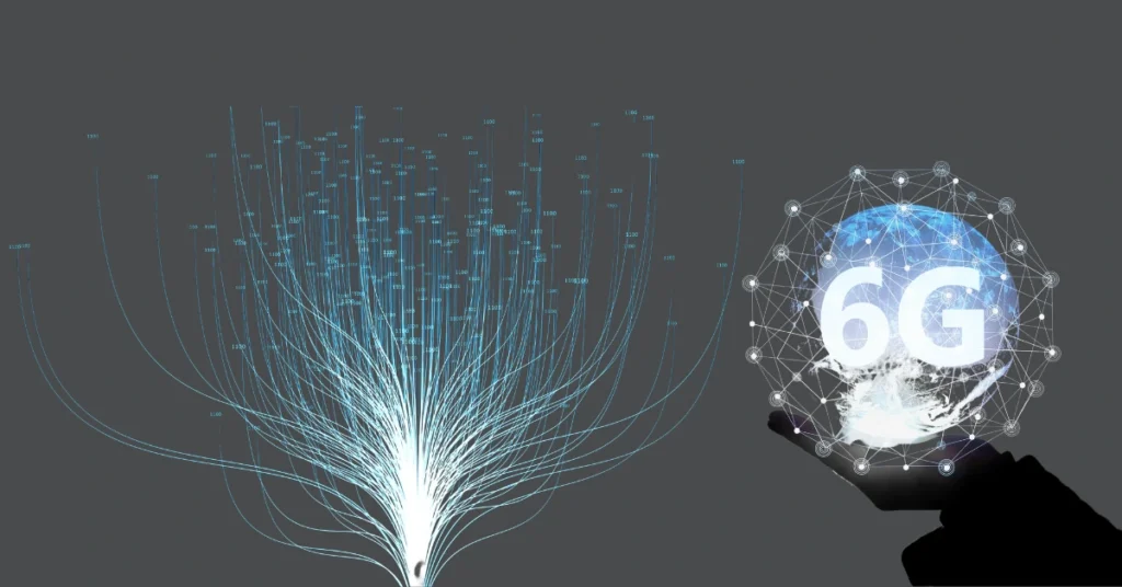 An abstract 6G technology concept with a digital globe, network connections, and AI-powered data flow, symbolizing future AI and IoT advancements in wireless communication.