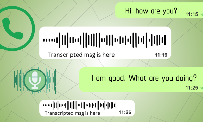 WhatsApp chat showing transcribed voice messages.