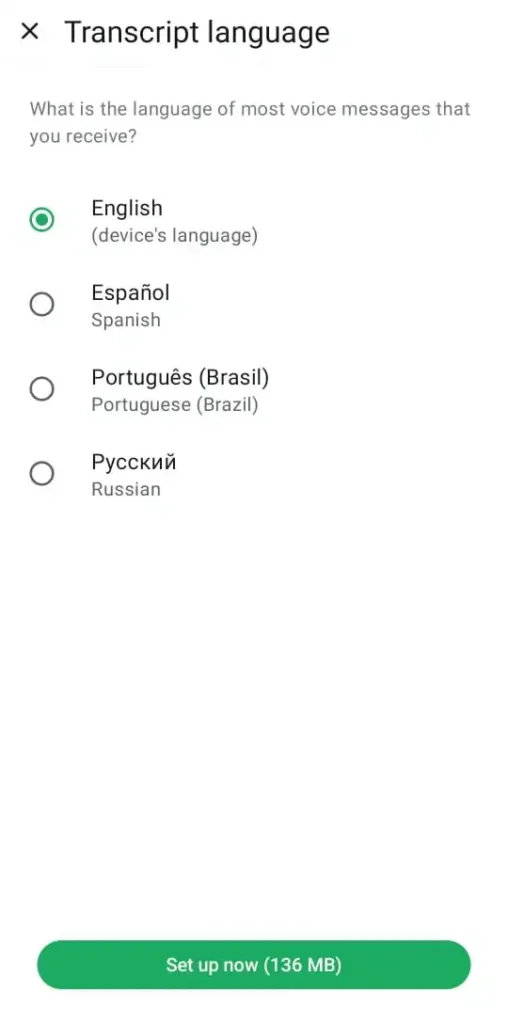 WhatsApp voice message transcript language selection screen.