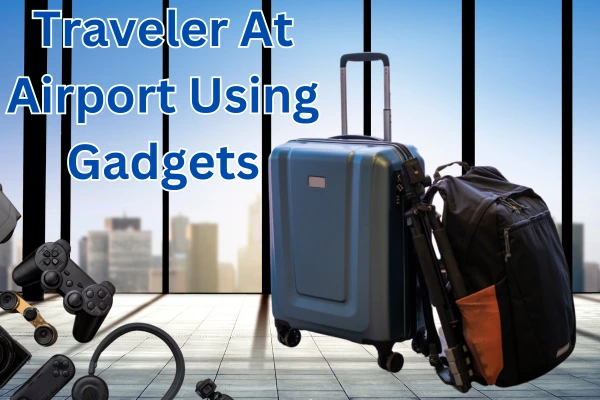 Smart luggage and backpack at airport terminal with gadgets, ready for tech-savvy travel.