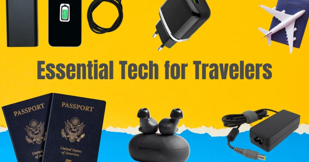 Flat lay of essential travel tech gadgets including power bank, charger, earbuds, passport, and adapter on a colorful background.