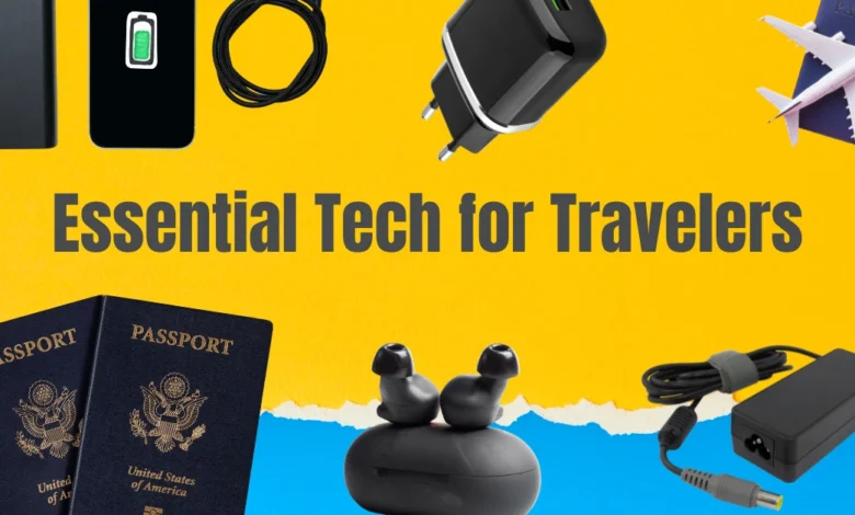Flat lay of essential travel tech gadgets including power bank, charger, earbuds, passport, and adapter on a colorful background.