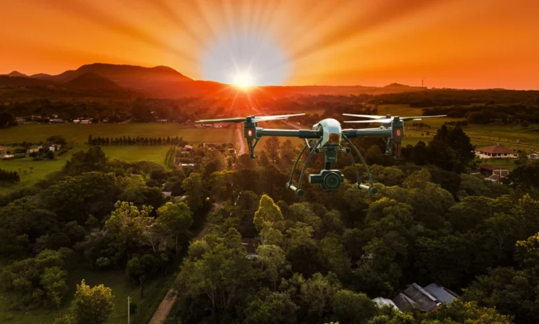 Waterproof drone flying above a green landscape during a vibrant sunset