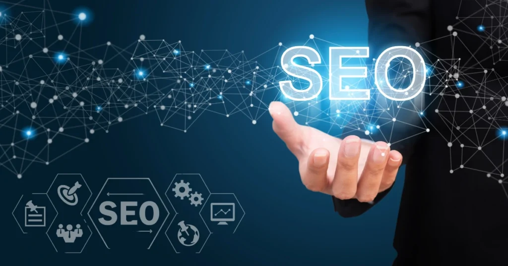 Hand presenting Smart assistant SEO in a digital network, Voice search optimization for techconcept with Improve blog voice visibility futuristic tech icons.