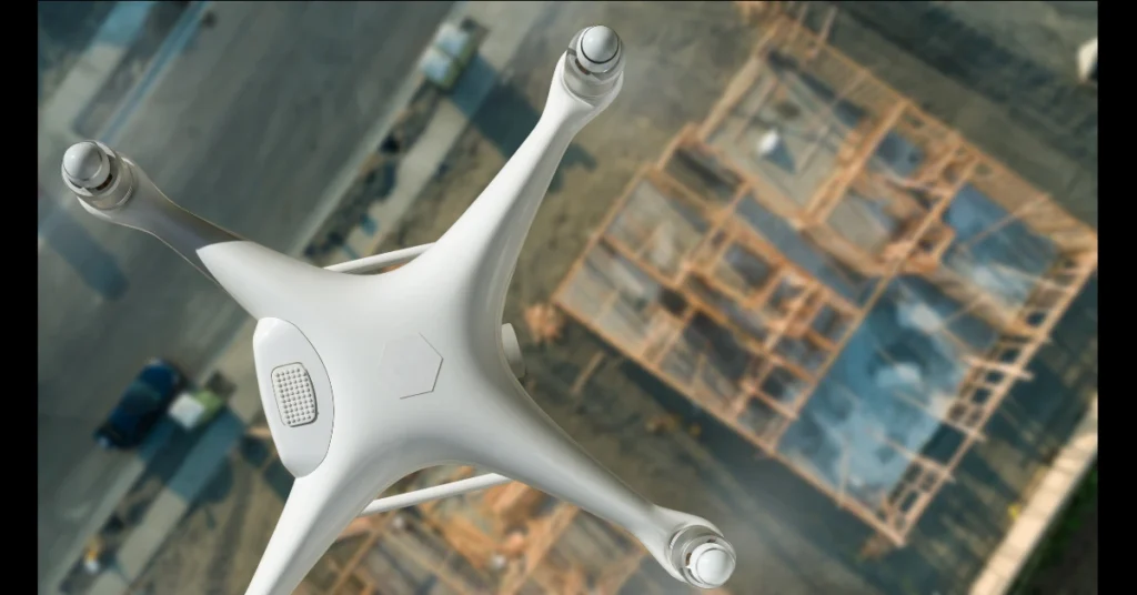 Top view of a white drone flying, Accessories for Waterproof Drones, Top waterproof drone gear, Waterproof drone camera upgrades over a construction site.
