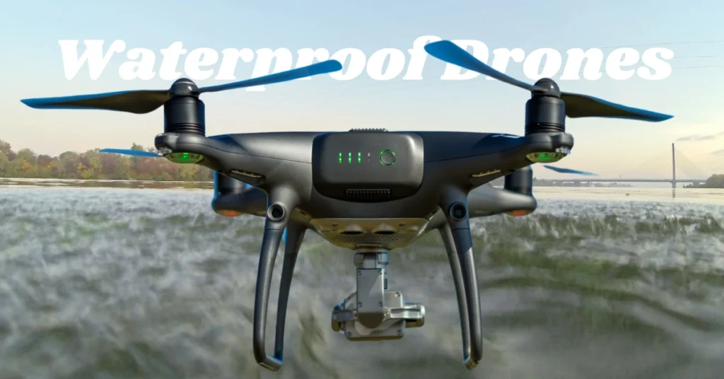 Black waterproof drone flying over a lake with “Waterproof Drones” text in the sky