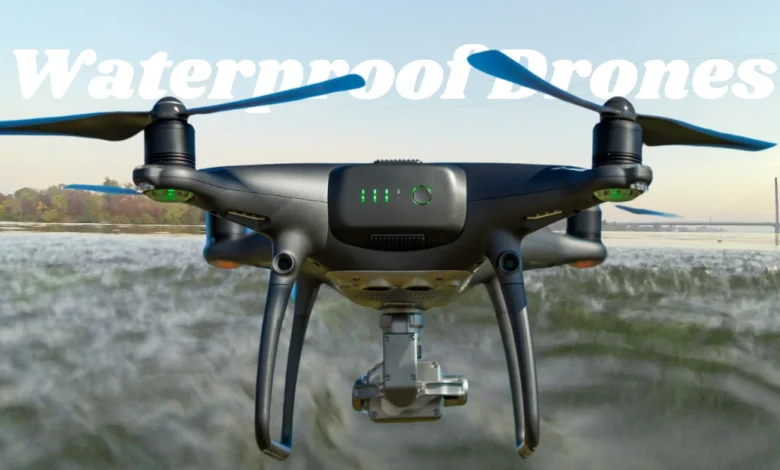 Black waterproof drone flying over a lake with “Waterproof Drones” text in the sky