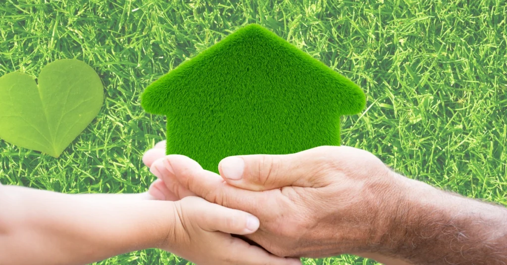 Adult and child hands holding a Tech repair movement, Right to Repair Matters in 2025 house symbol on eco-friendly background.