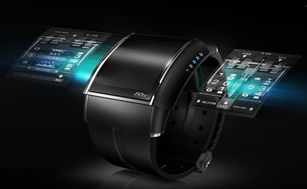 Futuristic smartwatch with holographic digital display interface and glowing touch controls