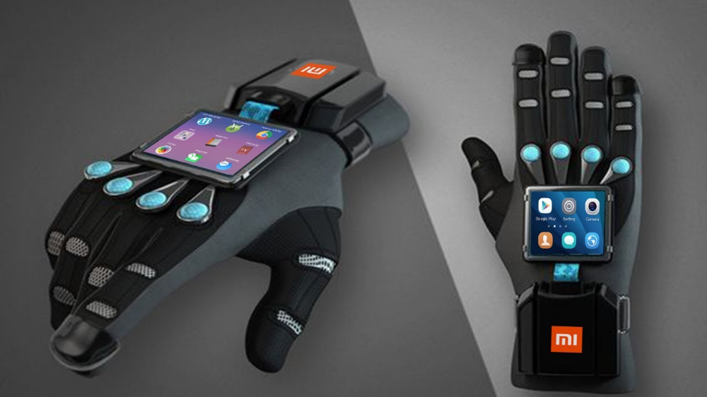Futuristic Xiaomi smart gloves with built-in touchscreen displays and gesture control, possibly used for advanced drone operation.