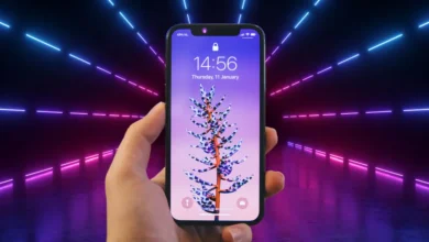 Hand holding a futuristic Apple flip model smartphone with vibrant neon lights in the background.