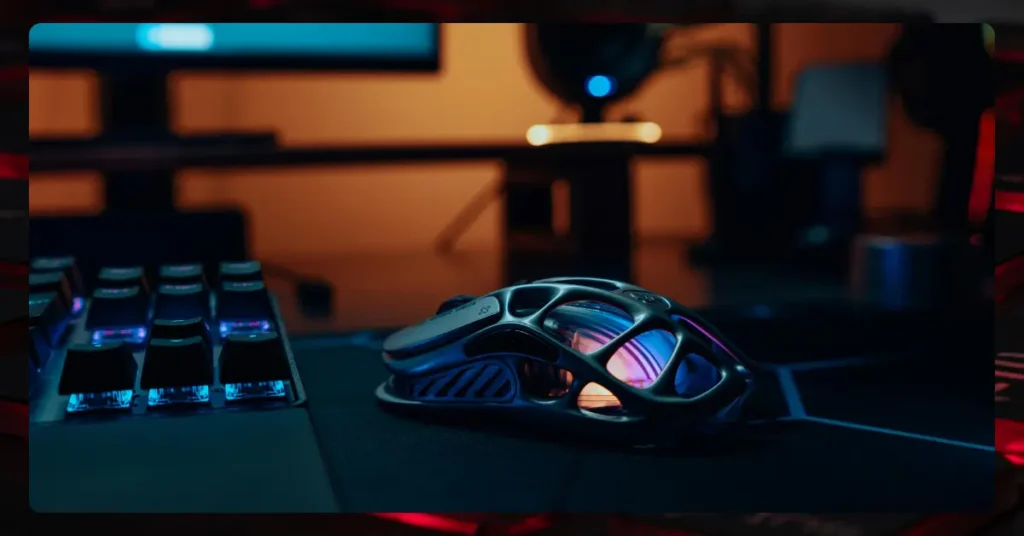 Foldable phones future, Futuristic gaming mouse with RGB lighting on a tech desk setup, symbolizing next-gen mobile devices and innovative phone designs.