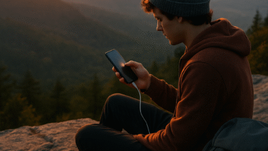 Young traveler using a portable solar charger for tech lovers during sunrise on a mountain, with eco-friendly gadgets like smartwatch and earbuds nearby — perfect setup for 2025 sustainable travel tech.