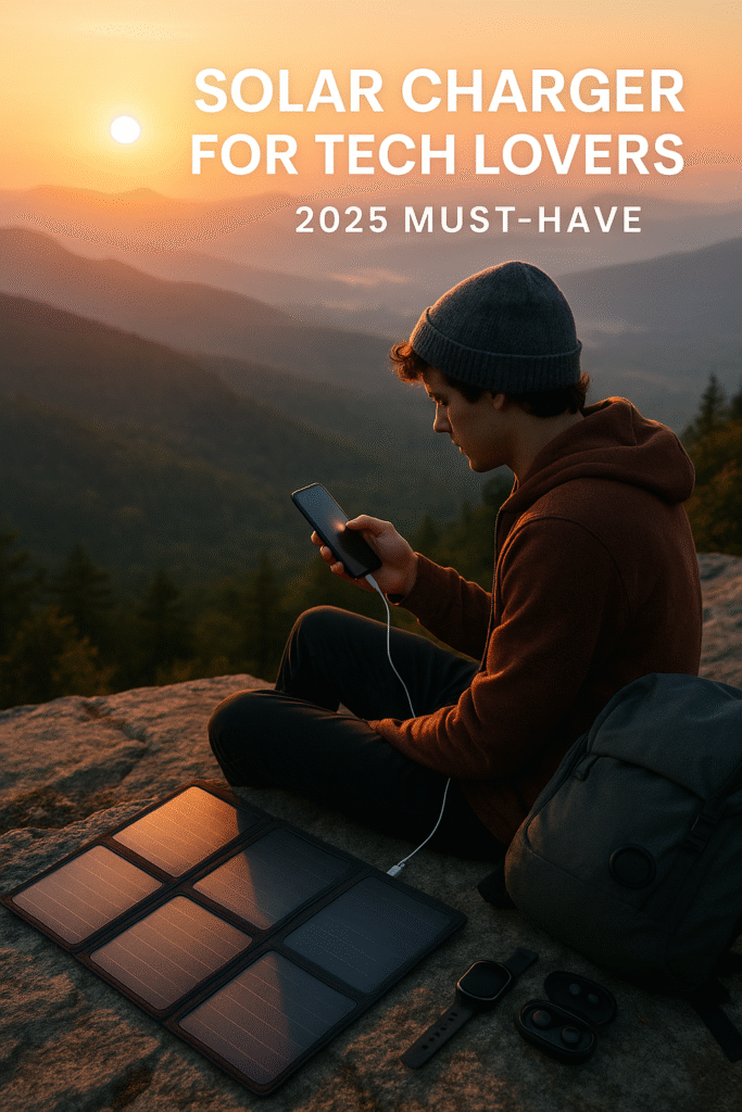 Young traveler using a portable solar charger for tech lovers during sunrise on a mountain, with eco-friendly gadgets like smartwatch and earbuds nearby — perfect setup for 2025 sustainable travel tech.