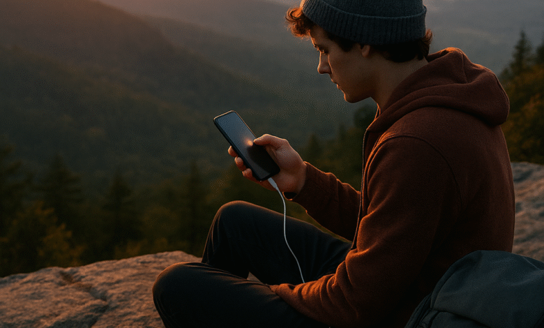 Young traveler using a portable solar charger for tech lovers during sunrise on a mountain, with eco-friendly gadgets like smartwatch and earbuds nearby — perfect setup for 2025 sustainable travel tech.