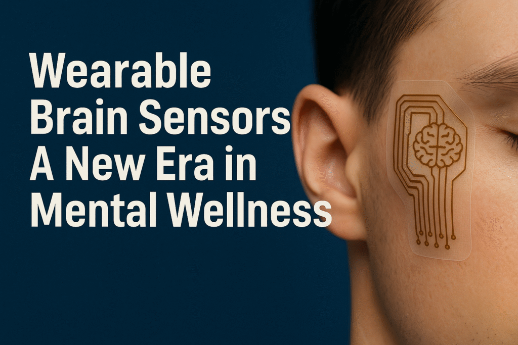 A close-up image of a person wearing a transparent brain-monitoring tattoo on their temple, showcasing advanced wearable brain sensors used for real-time tracking of mental states. The design reflects modern neurotech wearables like an e-tattoo stress tracker, highlighting innovation in mental wellness wearable tech.