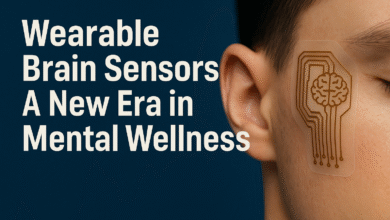A close-up image of a person wearing a transparent brain-monitoring tattoo on their temple, showcasing advanced wearable brain sensors used for real-time tracking of mental states. The design reflects modern neurotech wearables like an e-tattoo stress tracker, highlighting innovation in mental wellness wearable tech.