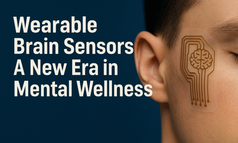 A close-up image of a person wearing a transparent brain-monitoring tattoo on their temple, showcasing advanced wearable brain sensors used for real-time tracking of mental states. The design reflects modern neurotech wearables like an e-tattoo stress tracker, highlighting innovation in mental wellness wearable tech.