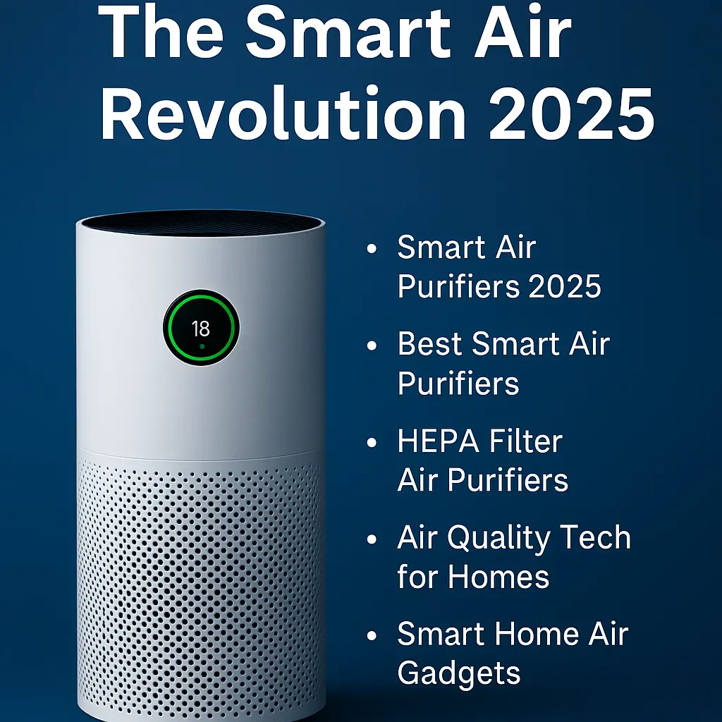 High-tech smart air purifier showcasing best smart air purifiers, HEPA filter air purifiers, and smart home air gadgets for 2025.
