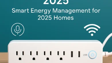 Voice-controlled power strip with USB ports on a wooden table, showcasing an energy-saving tech gadget compatible with Alexa.