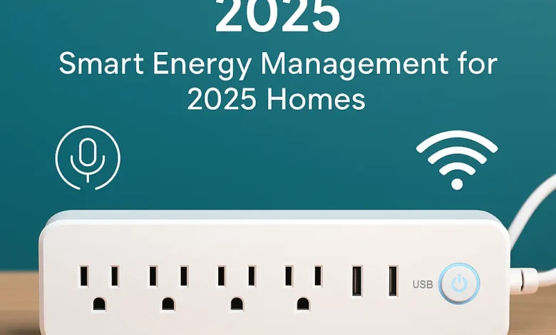 Voice-controlled power strip with USB ports on a wooden table, showcasing an energy-saving tech gadget compatible with Alexa.