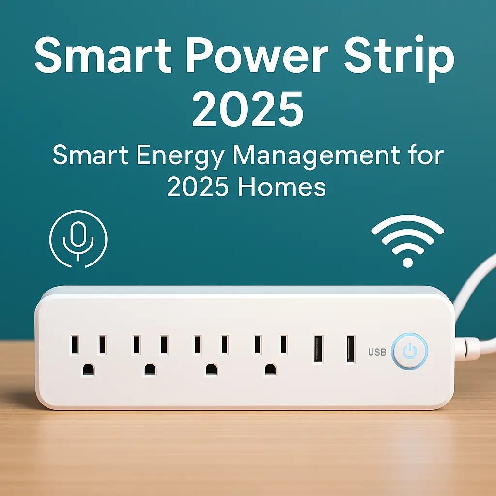 Voice-controlled power strip with USB ports on a wooden table, showcasing an energy-saving tech gadget compatible with Alexa.