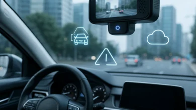 AI dash cam 2025 mounted on car windshield with smart safety features in a modern vehicle interior.