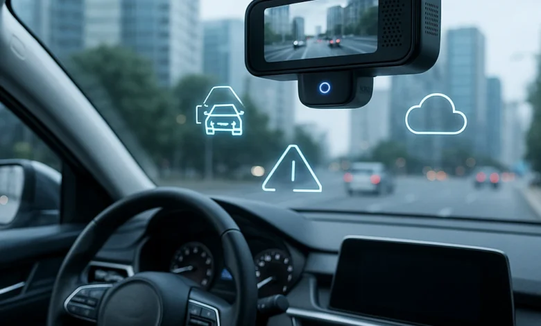AI dash cam 2025 mounted on car windshield with smart safety features in a modern vehicle interior.