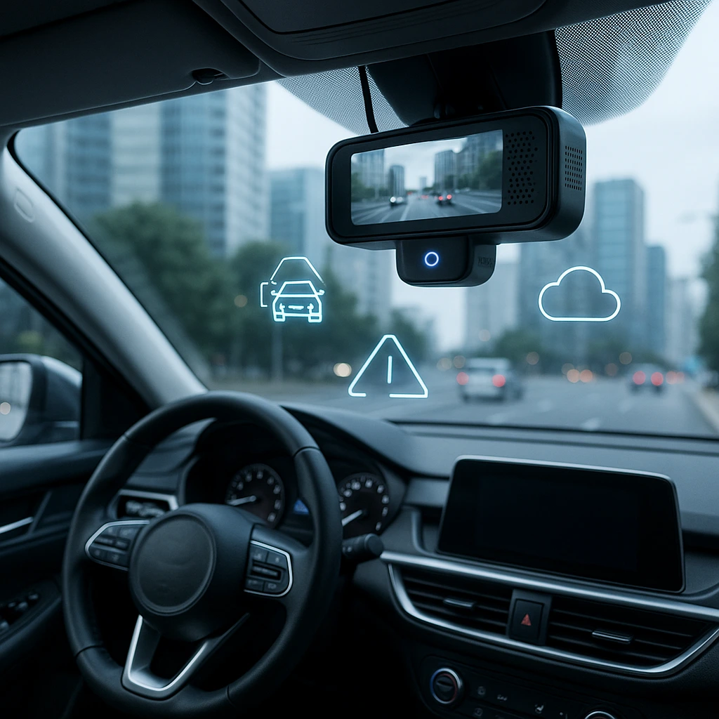 AI dash cam 2025 mounted on car windshield with smart safety features in a modern vehicle interior.