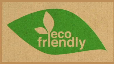Eco-friendly label with green leaf and sustainable message on recycled paper background.