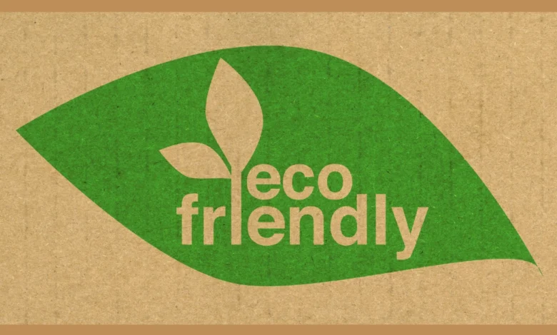Eco-friendly label with green leaf and sustainable message on recycled paper background.