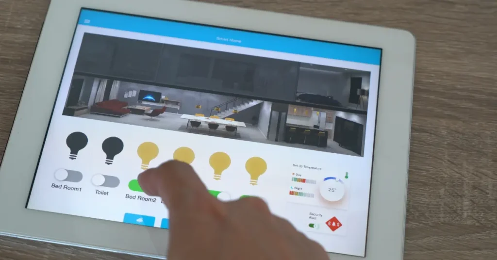 Smart home control panel on tablet managing lighting and temperature settings in a modern AI-powered house